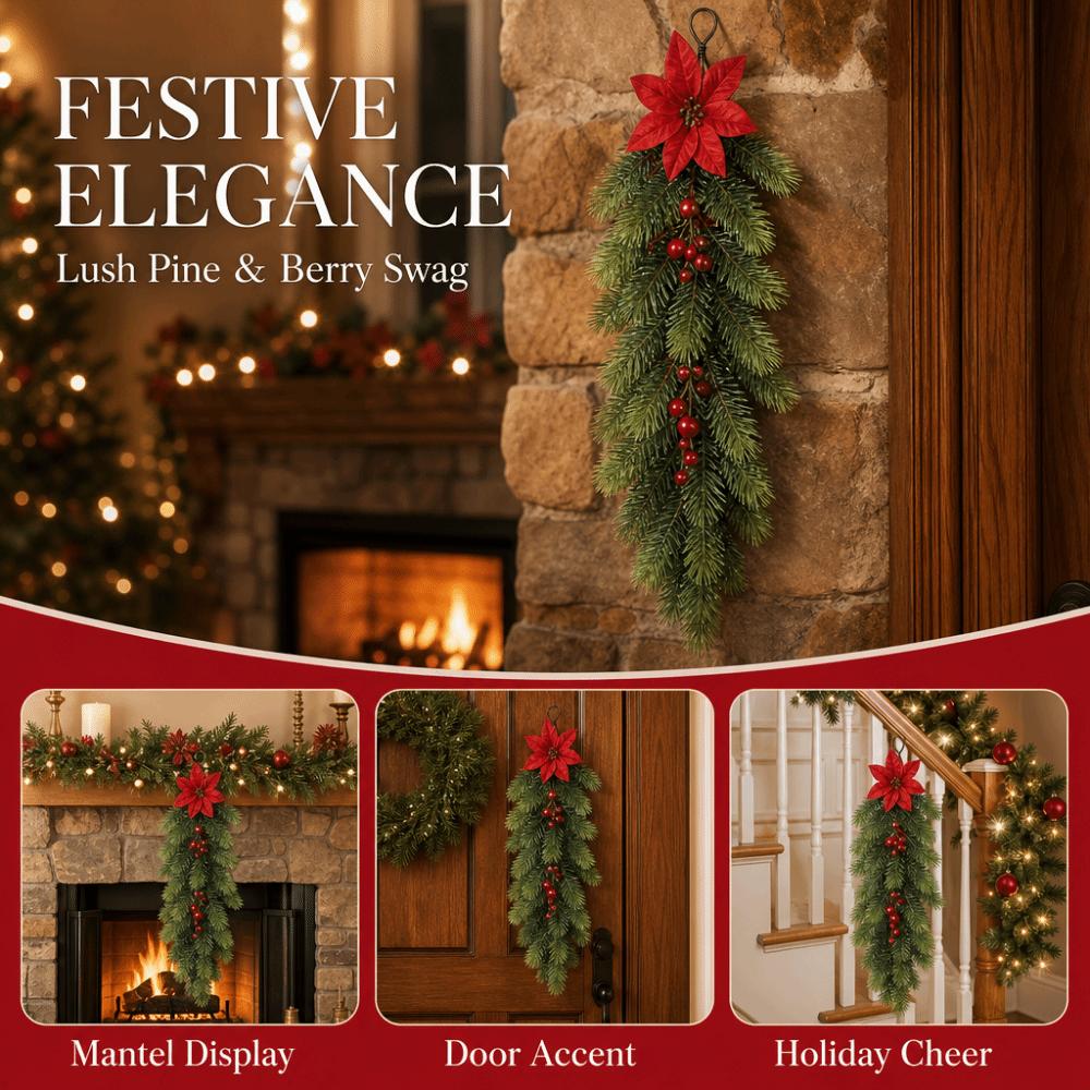 1 pc Plastic Artificial Pine Hanging Spray Realistic Red Berries Teardrop Swag Front Door