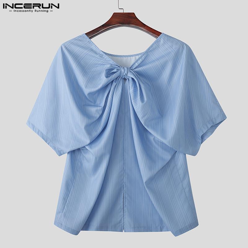 INCERUN Летние мужские футболки с коротким рукавом, полосатым узором на спине, бантом и оборками для вечеринок