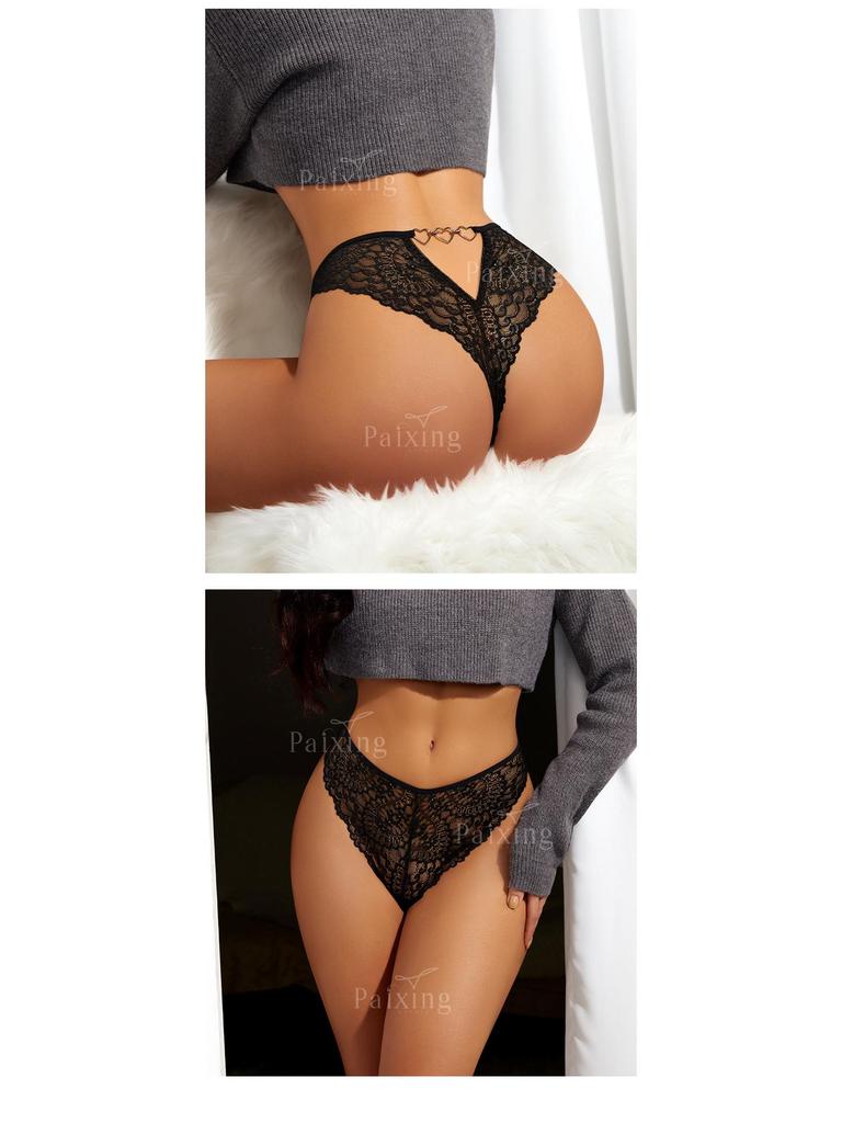 Черные кружевные трусики-стринги с вырезами для комфорта средней посадки - Сексуальное женское нижнее белье больших размеров