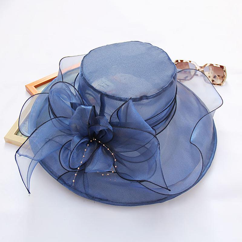 Vintage Organza Wide Brim Hat For Women Church Dress Bridal Wedding Hat Floral Mesh Sun Hat Party Beach Caps