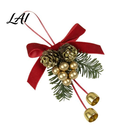 Christmas Tree Hanging Ornaments Bell Ornament Metal Jingle Decoration with Pine Cones Handmade Holiday Wreath Decor Berries Velvet Bow for