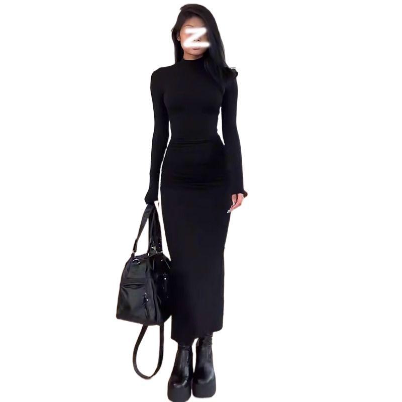 Платье-водолазка American Hot Girl черного цвета с заниженной талией - длинная юбка на осень/зиму