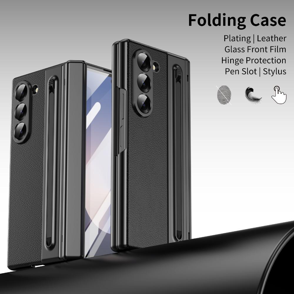 Leather Glass Film Pen Slot with Pen Phone Case for Samsung Galaxy Z Fold 6 5 4 3 Fold6 Fold5 Hinge Protection Shockproof Cover