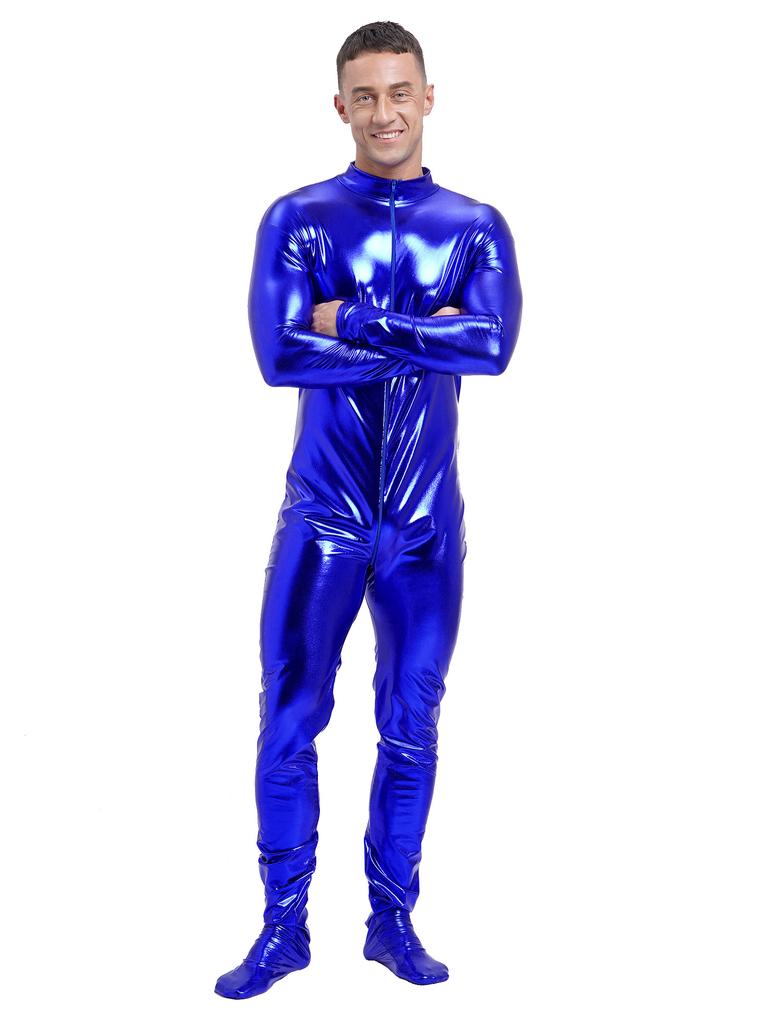 Mens Metallic Zentai Jumpsuit Full Body Tight Mock Neck Long Sleeve Club Performance Costume
