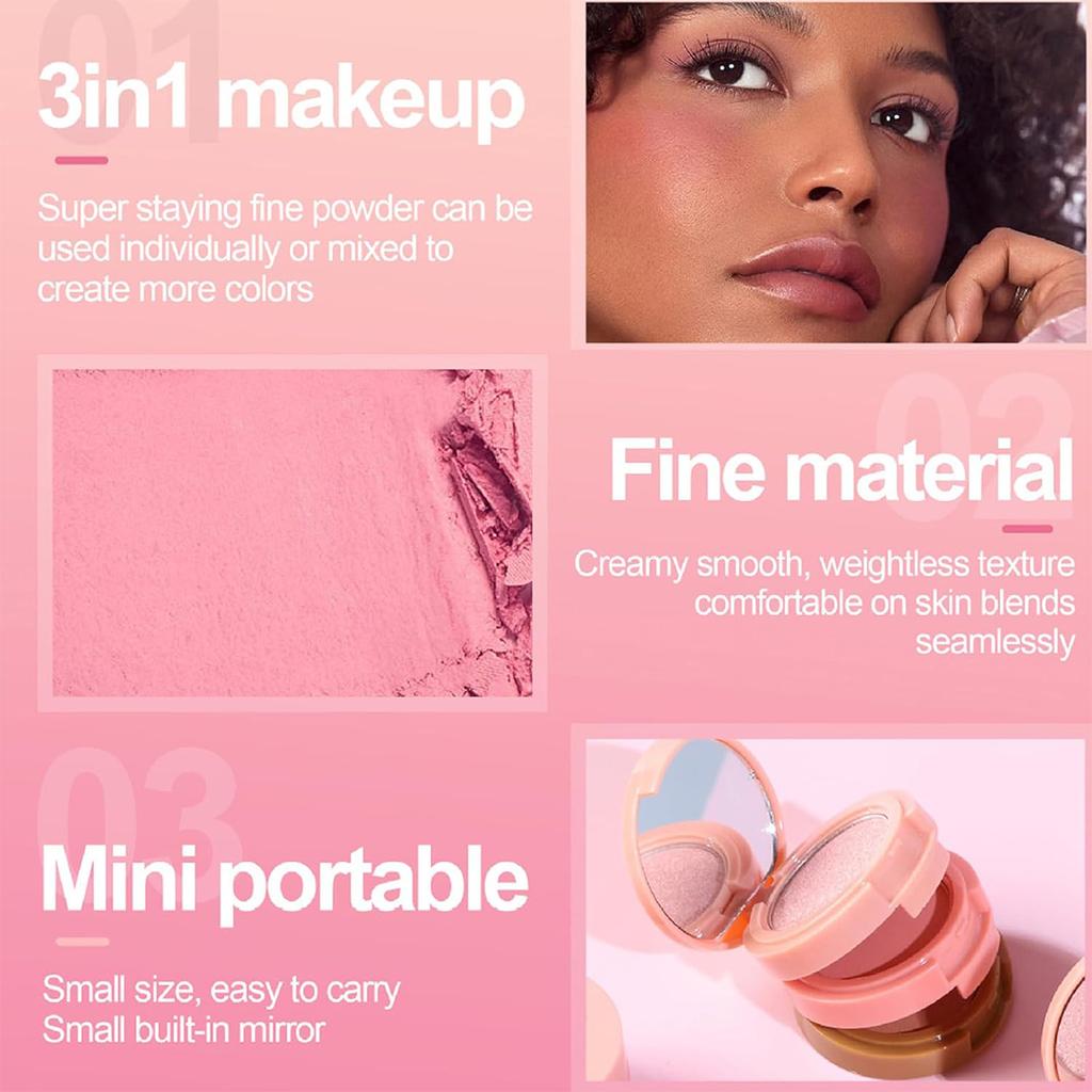 HANDAIYAN 3pcs 3-in-1 Face Makeup Palette Set, Highlighter Blush and Contour Powder Kit, All-in-One Shimmer & Matte Facial Sculpting Compact for Women