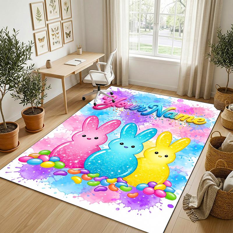 Easter Bunny Theme Crystal Velvet Rug Personalized Custom Name Text Soft Floor Mat Home Decor