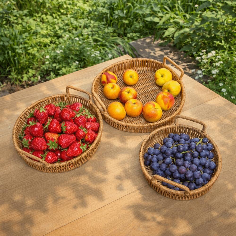 Large Capacity Round Rattan Storage Tray Plastic Handwoven Rattan Storage Tray Snacks