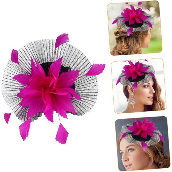 Yardwe Bridal Mesh Veil Headband with Plume, Black and Fuchsia Wedding Tops Hat for Women, Tea Party and Horse Racing Special Occasion Accessory