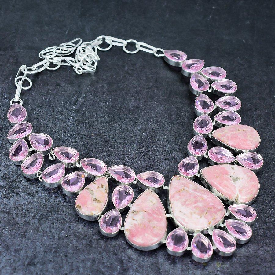 Родохрозит, Кунцит Драгоценный камень 925 Стерлинговое серебро Ювелирное ожерелье 18"