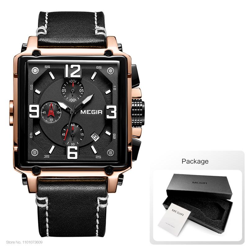 Megir Leather Strap Army Chronograph Quartz Wrist Watches Men Square Sports Stop Watch Man Clock Relogios Masculino 2061 Rose