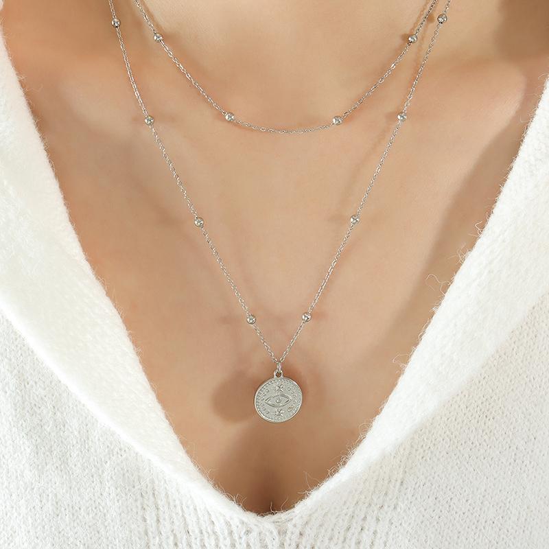 Fashion Simple Design Necklace Stainless Steel Plated 18k Gold Double Round Pendant Necklace