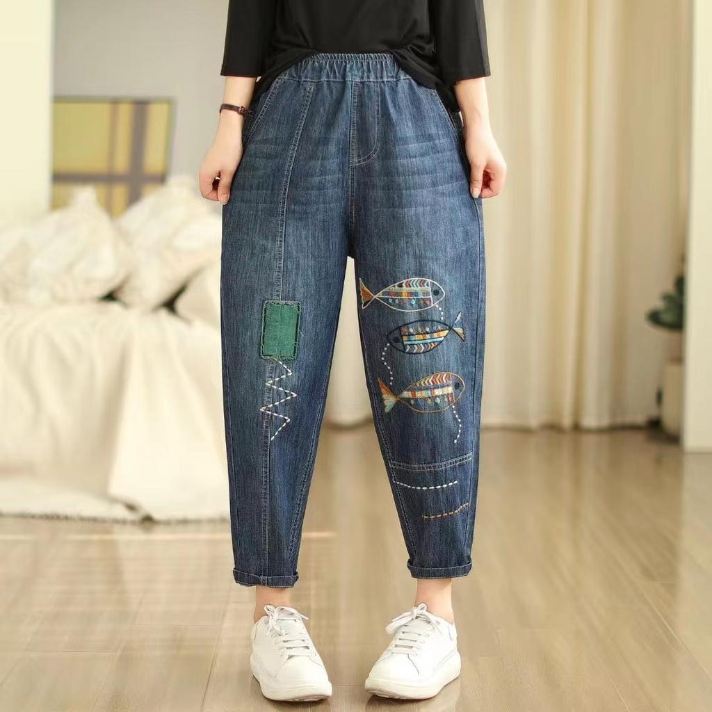 Весна/лето Новые повседневные брюки-харен для женщин Вышитые женские укороченные брюки Свободные джинсы для женщин