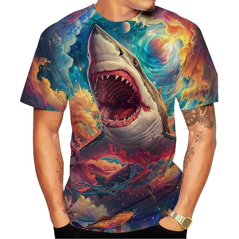 Summer Horror Great White Short Sleeve Fun 3D Colorful Printed Men's T-shirt Plus Size Loose Everyday Casual Comfortable Round-neck T-shirt