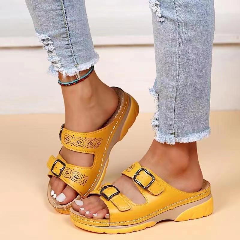 Large Size Muffin Platform Women's Slippers Summer New One-word Belt Buckle Sewing Line Round Head Slippers