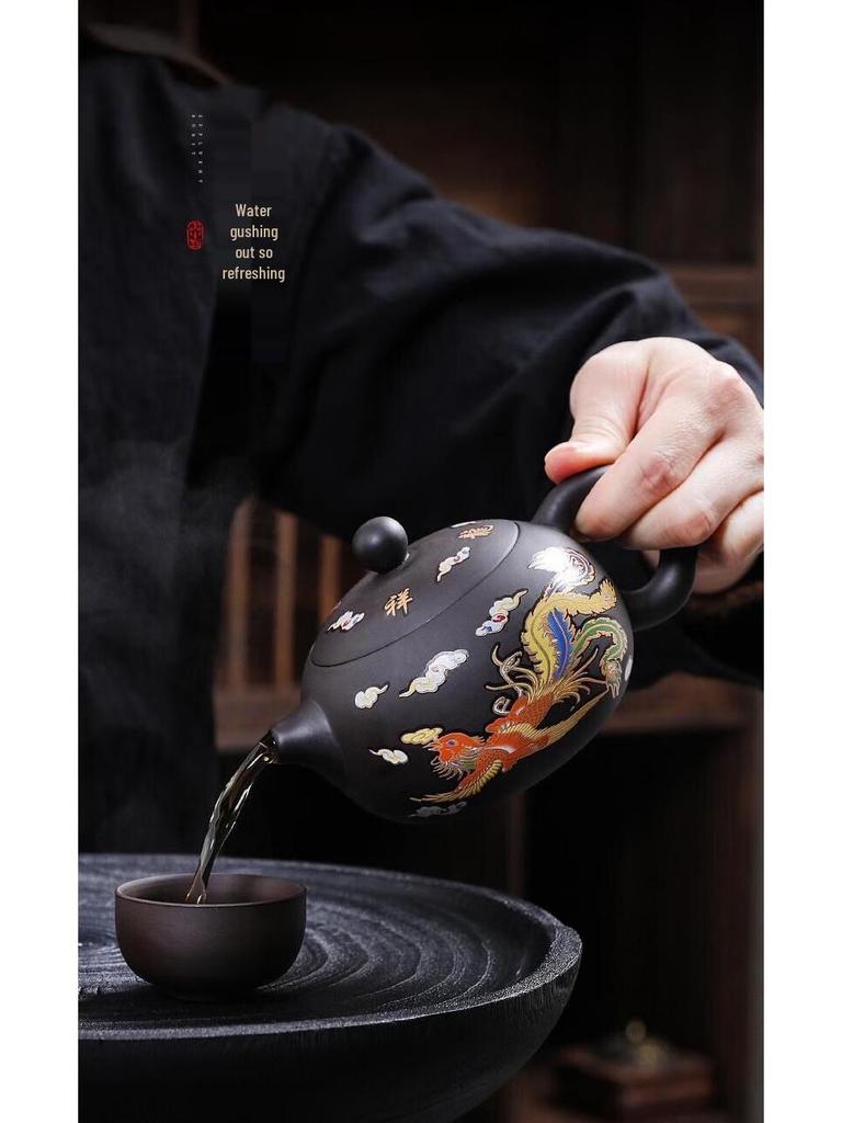 Термочувствительный меняющий цвет чайник из цзыша с изображением Дракона и Феникса и носиком в виде птицы, издающим звук
