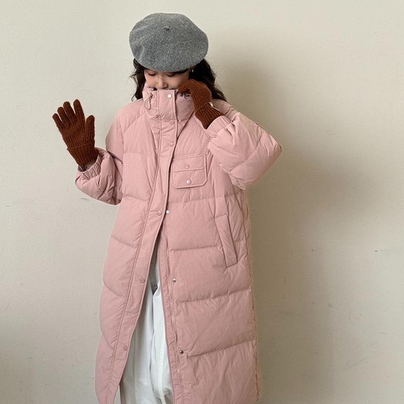 Stand-up collar drawstring long down jacket women's 2024 winter new fashion Korean small sweet knee coat tide