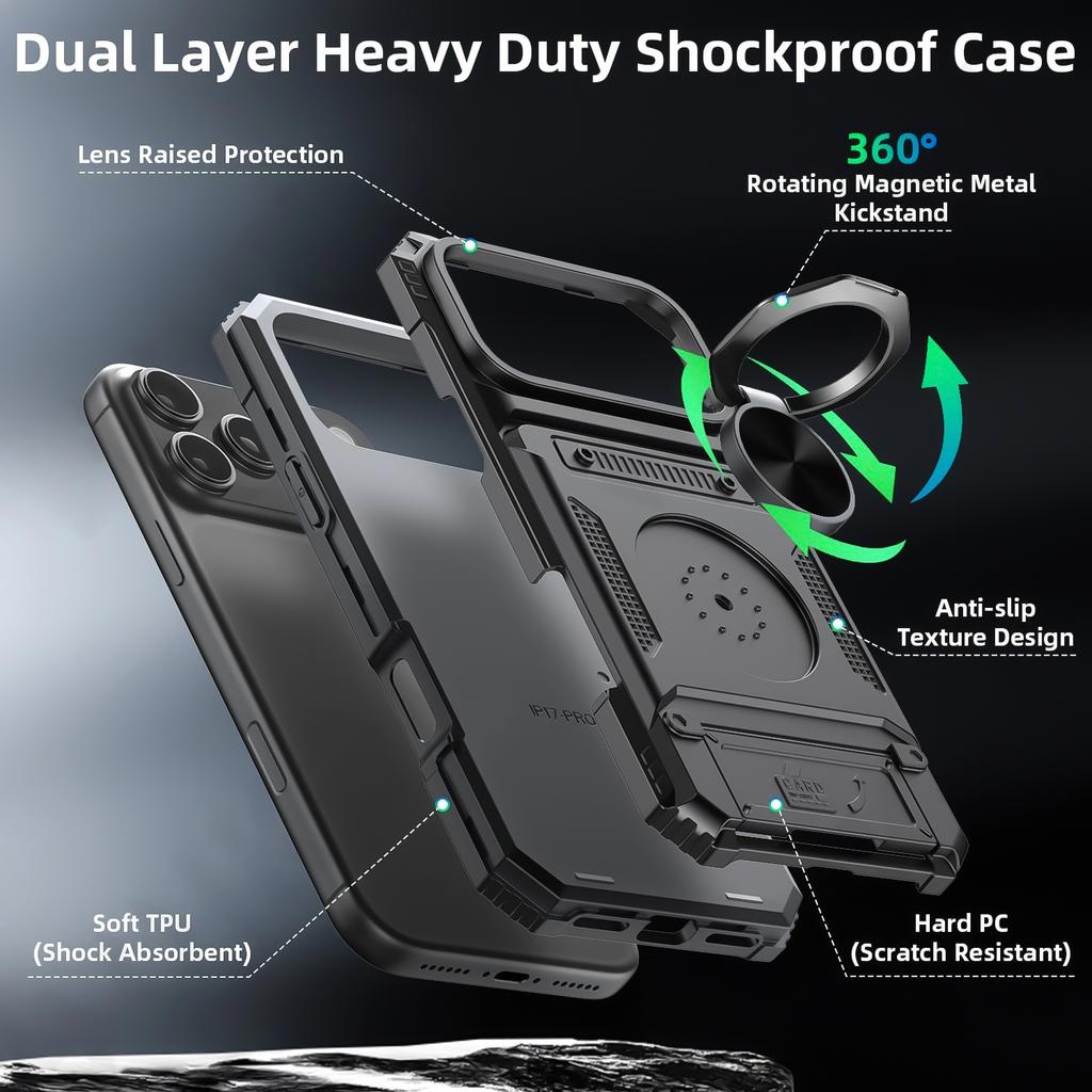 Военный противоударный защитный чехол-броня для iPhone 17 Pro Max Air 14 15 Plus 13 16 Pro Магнитное кольцо-подставка Слот для карт Чехол для телефона