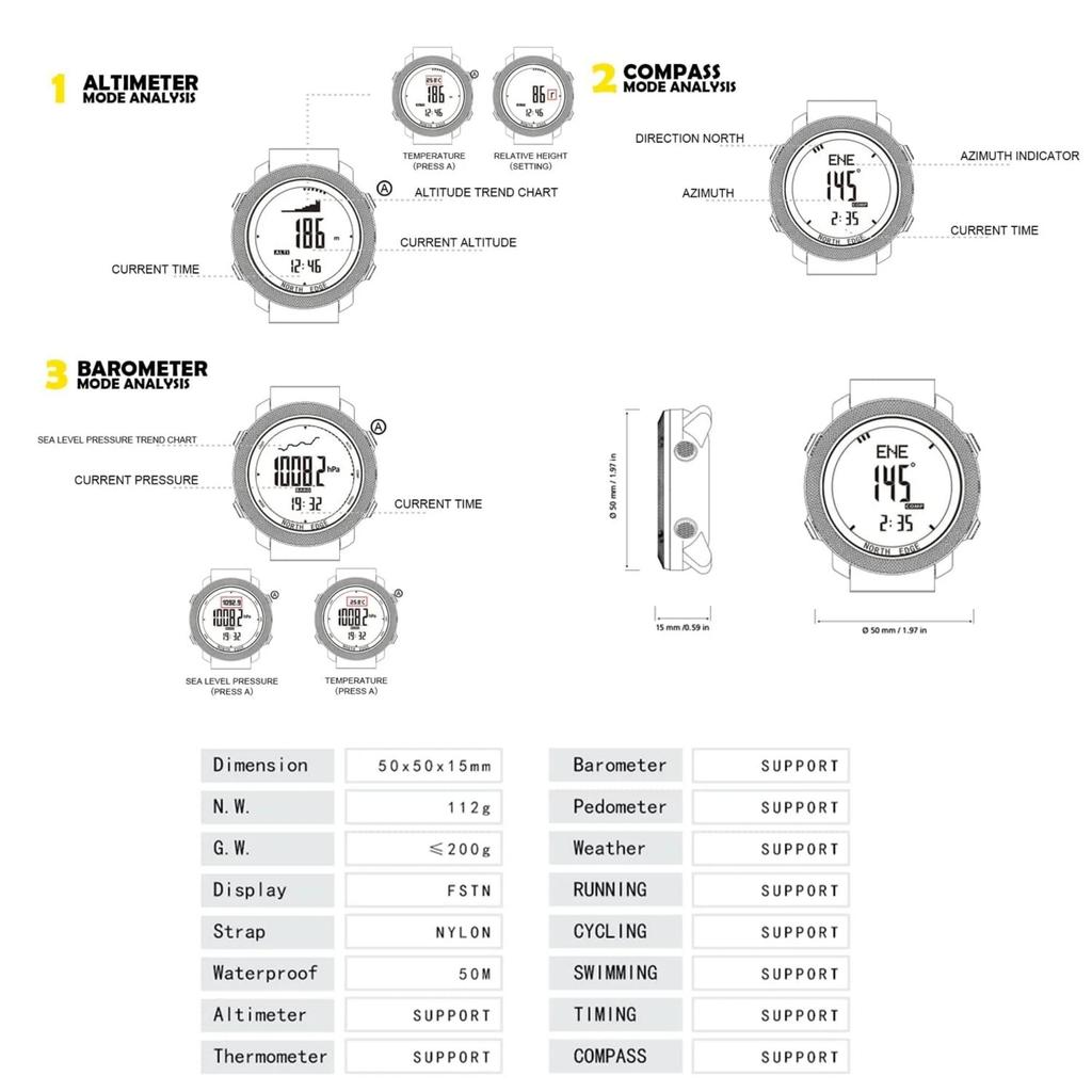 NORTH EDGE Мужские спортивные цифровые часы для бега и плавания, военные армейские часы, альтиметр, барометр, компас, водонепроницаемый браслет 50 м