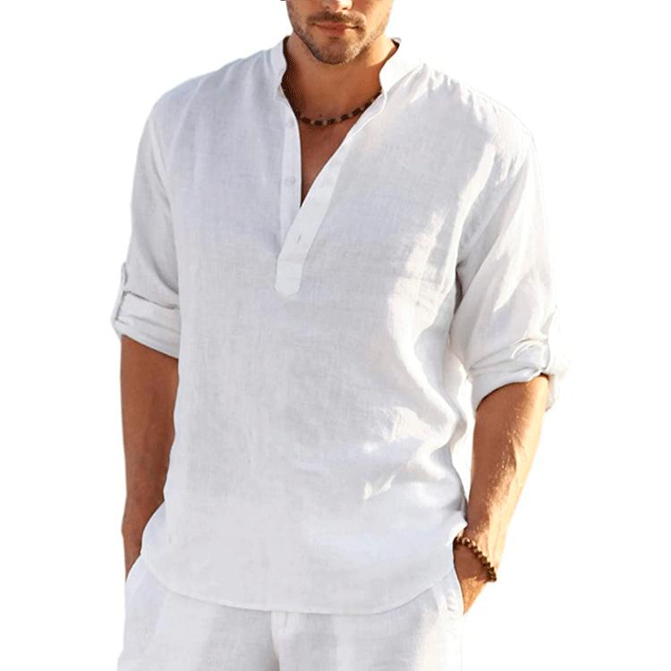 Large Size Men's Spring and Summer Buttoned Top Long Sleeve T-Shirt Solid Loose Fit Linen Shirt