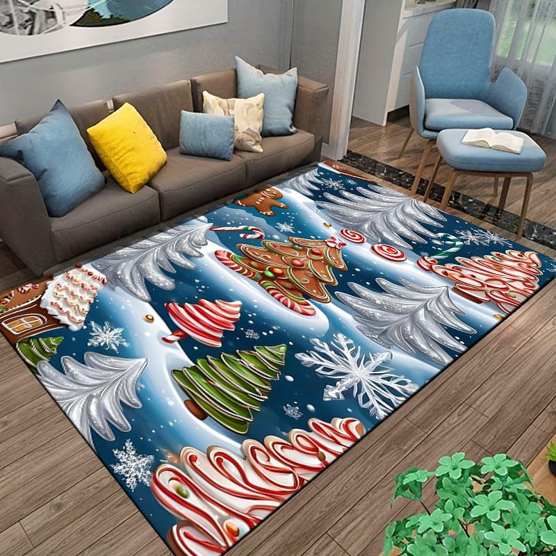 Christmas-themed Carpet with Gingerbread Trees Snowflakes Candy Design Suitable for use as an anti-slip for living room bedroom sofas