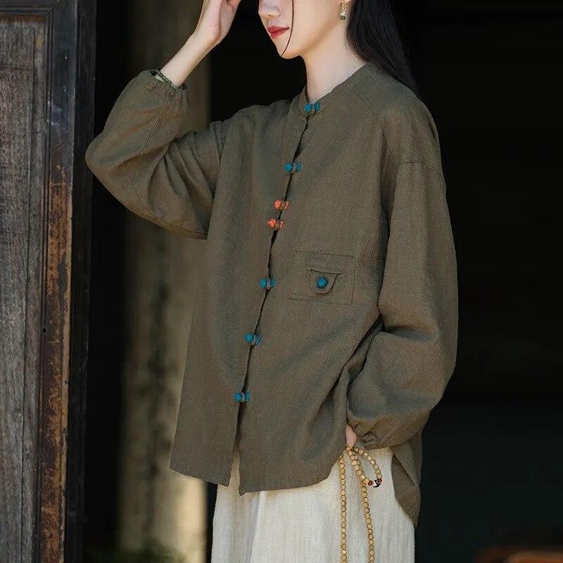 Johnature Women Chinese Style Shirts Tops Button Long Sleeve Autumn Blouses Patchwork Vintage Stand Shirts