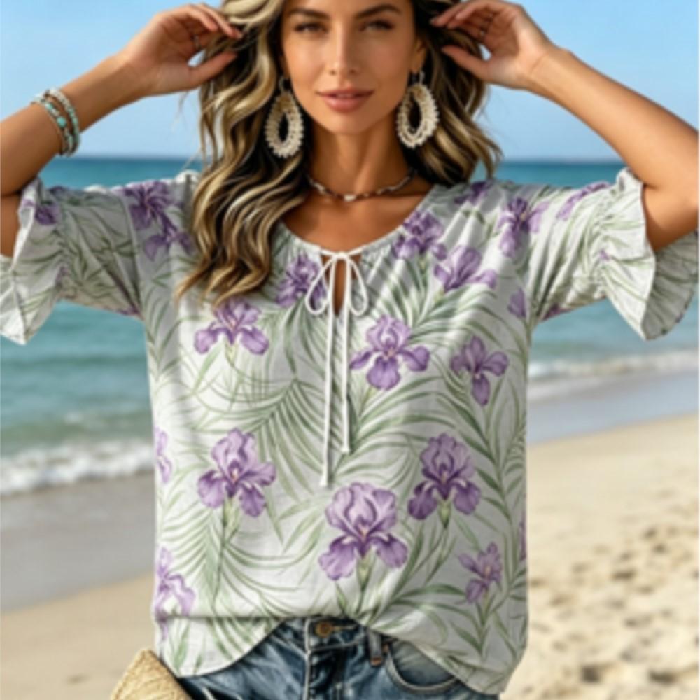 Women's Light Grey Purple Iris Palm Leaf Floral Print Tie V Neck Ruffle 3/4 Sleeve Elegant Soft Spring Blouse