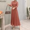 Women Casual Round Neck Long Sleeve Loose Pleated Dress