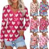 Женский модный повседневный топ с длинным рукавом и V-образным вырезом на пуговицах ко Дню святого Валентина с принтом в виде сердца