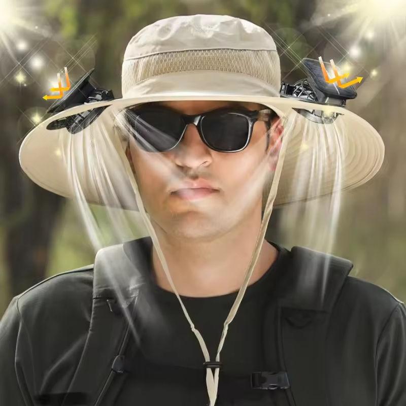 Outdoor UV Protection Hiking Camping Fishing Sun Cap Wide Brim Bucket Hat Solar Powered Cooling Fan Hat