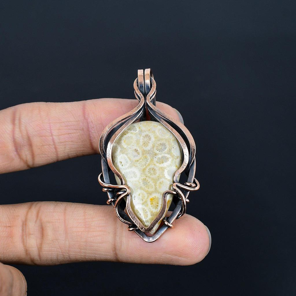 Подвеска из ископаемого коралла, обернутая медной проволокой 999 пробы, украшения из драгоценных камней ручной работы, подарки для жены, совершенно новая ювелирная подвеска