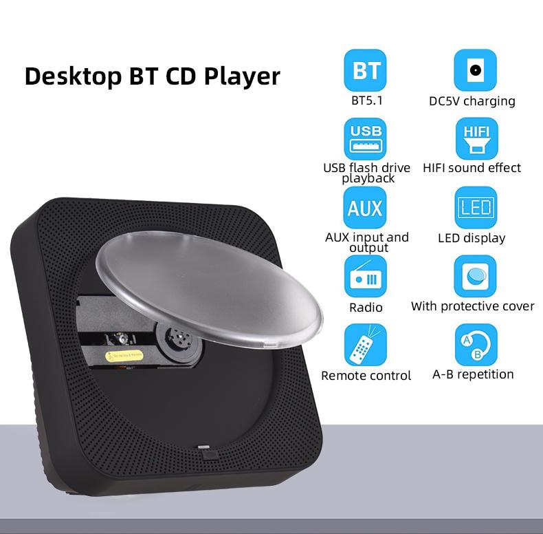 BT5.1 CD-плеер Портативный музыкальный плеер FM-радио Настольный проигрыватель компакт-дисков с пылезащитной крышкой Светодиодный дисплей 6