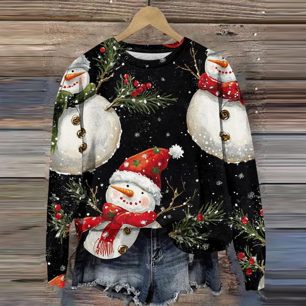Женская мода круглый вырез пуловер длинный рукав футболка рождественский принт топ