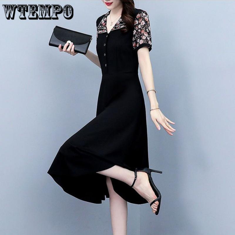 Женская мода шифоновые платья с короткими рукавами и цветочным принтом Элегантное платье трапециевидной формы средней длины