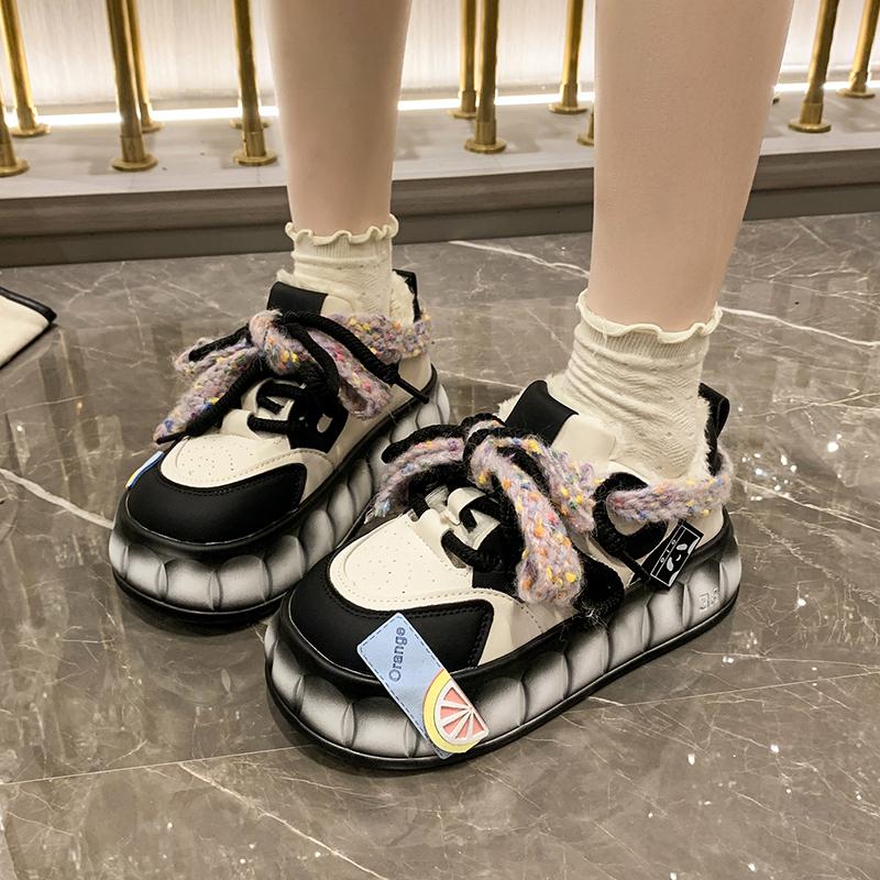 Модные граффити, обувь для хлеба, женские кроссовки на толстой подошве, обувь из хлопка с добавлением бархата из овечьей шерсти, японские кроссовки с добавлением бархата, ретро-обувь