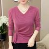 Женская осенняя элегантная футболка с V-образным вырезом и длинными рукавами, женская футболка в западном стиле большого размера со шнуровкой