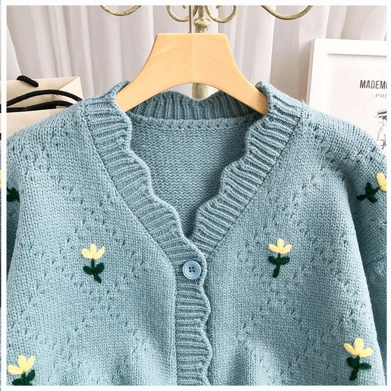 Винтажный вязаный кардиган с цветочной вышивкой, женский свитер с v-образным вырезом, осенне-зимний укороченный кардиган, женский однотонный трикотаж Y2K 23195