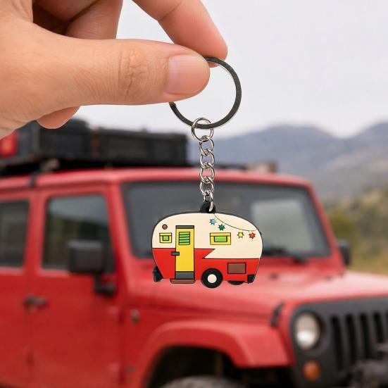Cartoon RV Shape Keychain, Contrasting Color Keyring Accessories for Travel Trailers, Enameled Metal Retro Camping Car Keychain