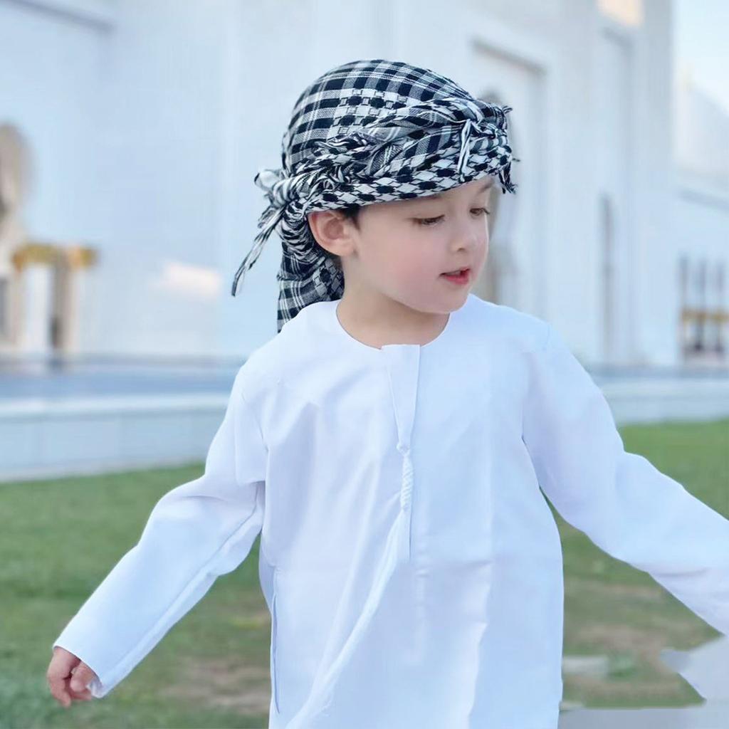 Soft Polyester Checkered Shemagh Scarf With Fringe Trim For Kids Various Outfit Arabic Shoulder Wrap For Boy Daily Wear