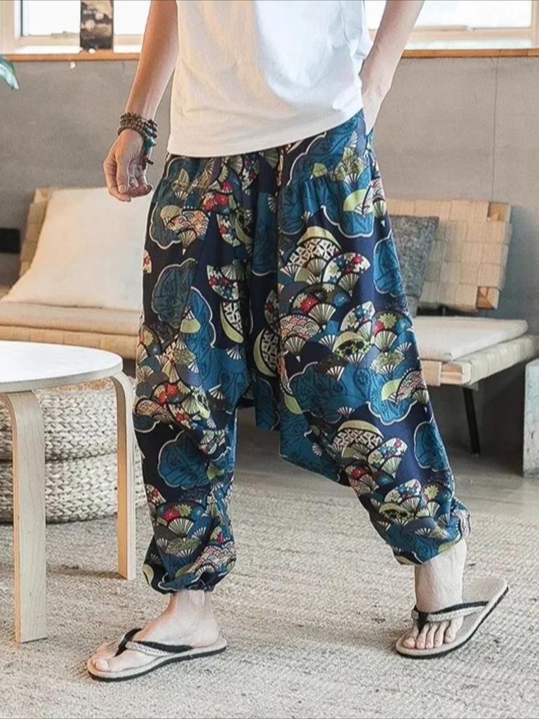 Мужские повседневные брюки из полиэстера в этническом стиле с винтажными узорами, свободный крой, эластичный пояс, манжеты на щиколотке, удобные брюки для всех сезонов