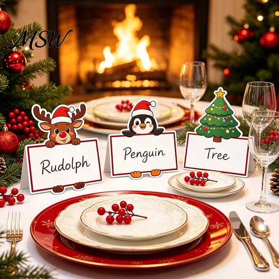 Personalized Message Cards Christmas Party Place Card Holders, Cartoon Santa Reindeer Name Tag Stands Table Holders for Seating, Festive DIY Write-On