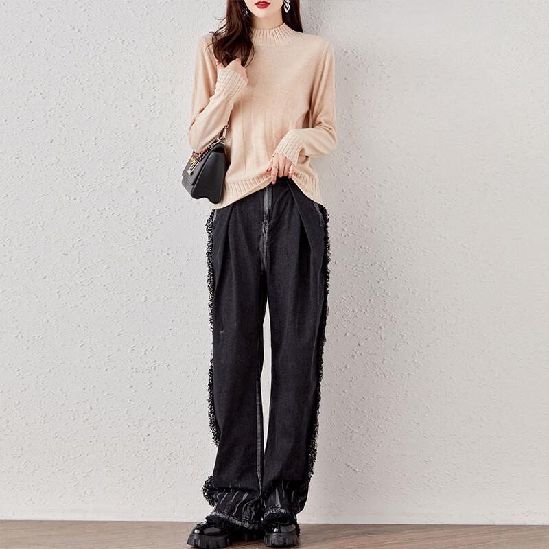 Hengyuanxiang Women's 100% Wool Jacquard Mock Neck Sweater