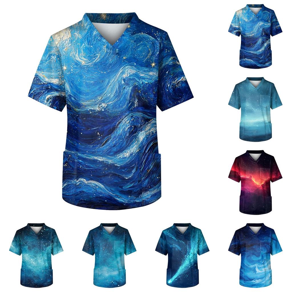 Мужская рабочая блузка с короткими рукавами и v-образным вырезом с принтом, топ с нагрудным карманом