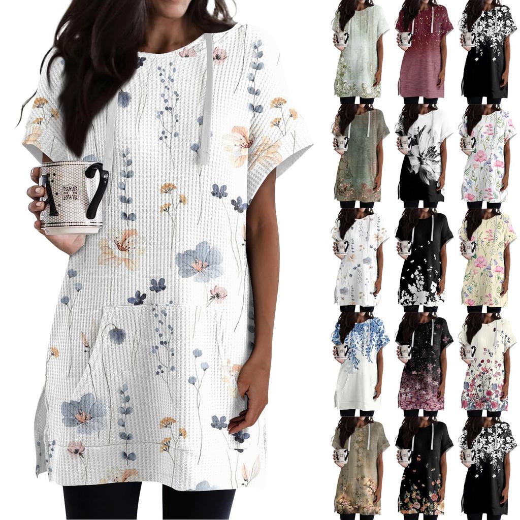 Женские свободные рубашки с принтом, толстовки с короткими рукавами и шнурком, вязаная туника с боковыми разрезами, топы с капюшоном и карманом