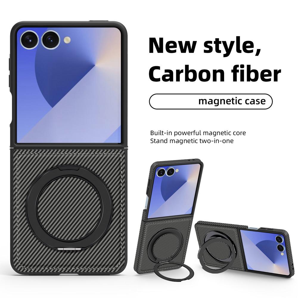 KEYSION Чехол с текстурой углеродного волокна для MagSafe для Samsung Galaxy Z Flip 7 FE 6 5 4 3 5G, вращающееся на 360° магнитное кольцо, чехол для телефона