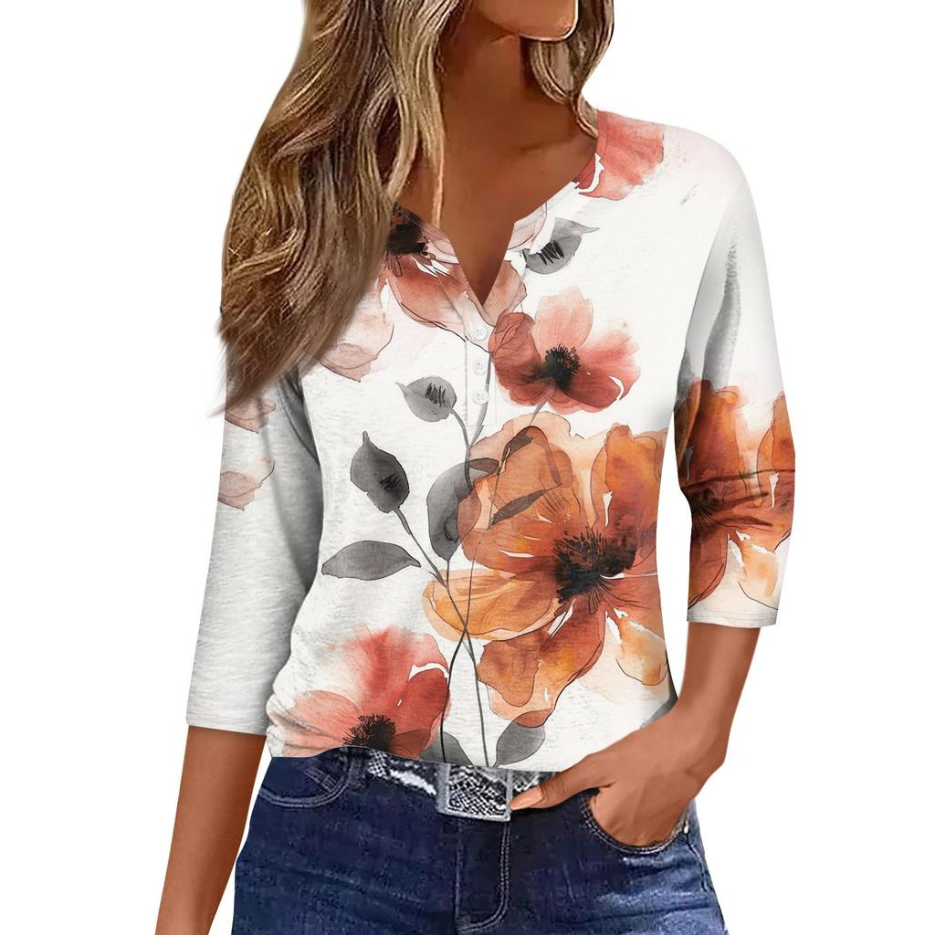 Женская модная повседневная футболка с коротким рукавом и V-образным вырезом, декоративными пуговицами и рукавом три четверти