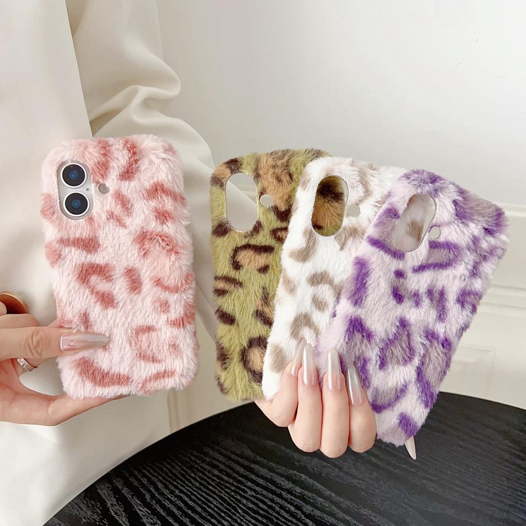 For iPhone 17 Case Leopard Pattern Fluffy Plush TPU Phone Cover