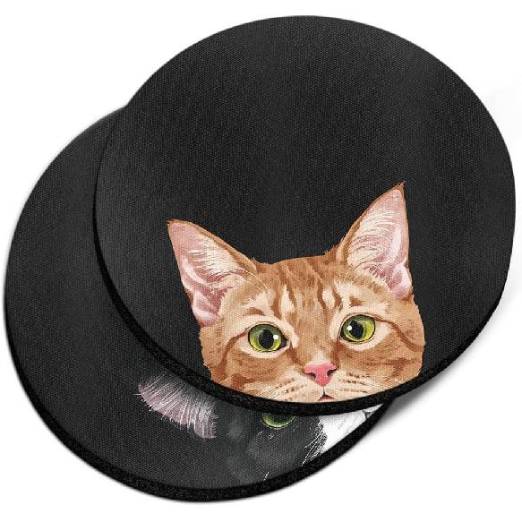 WIRESTER, Orange Tabby Kitten Cat, Black White Tuxedo Cat Design Absorbent Round Fabric Felt Neoprene Car Coasters for Drinks (2.87 inches), 2pcs Set