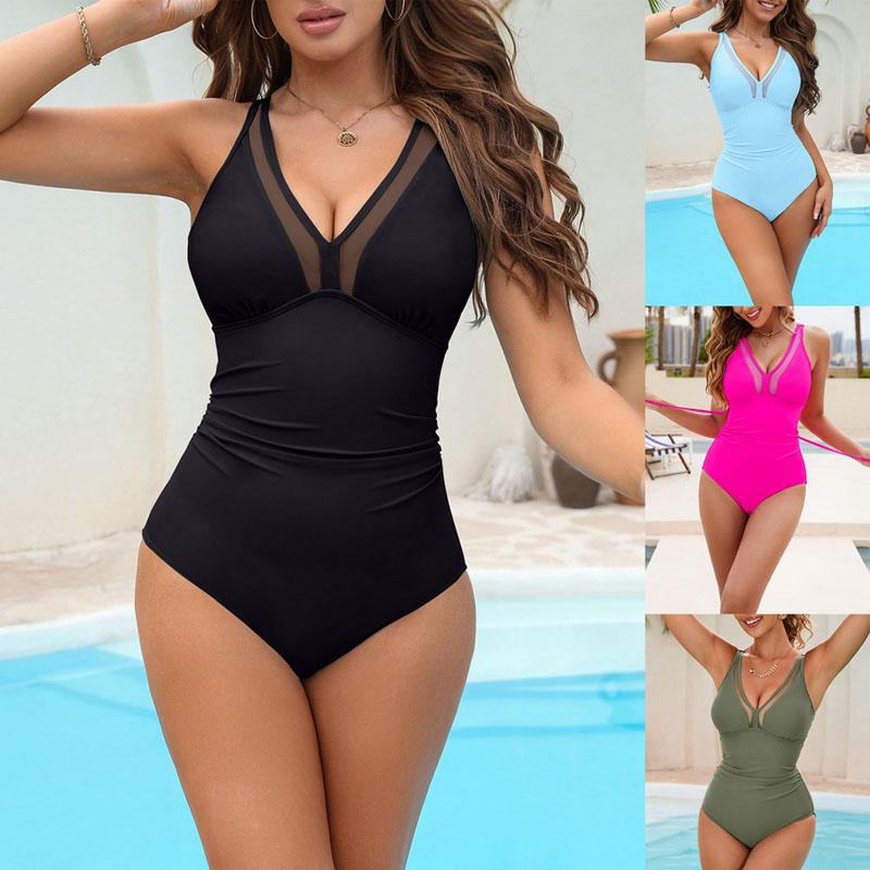 Женский сетчатый цельный купальник с глубоким V-образным вырезом, сетчатый купальник для женщин