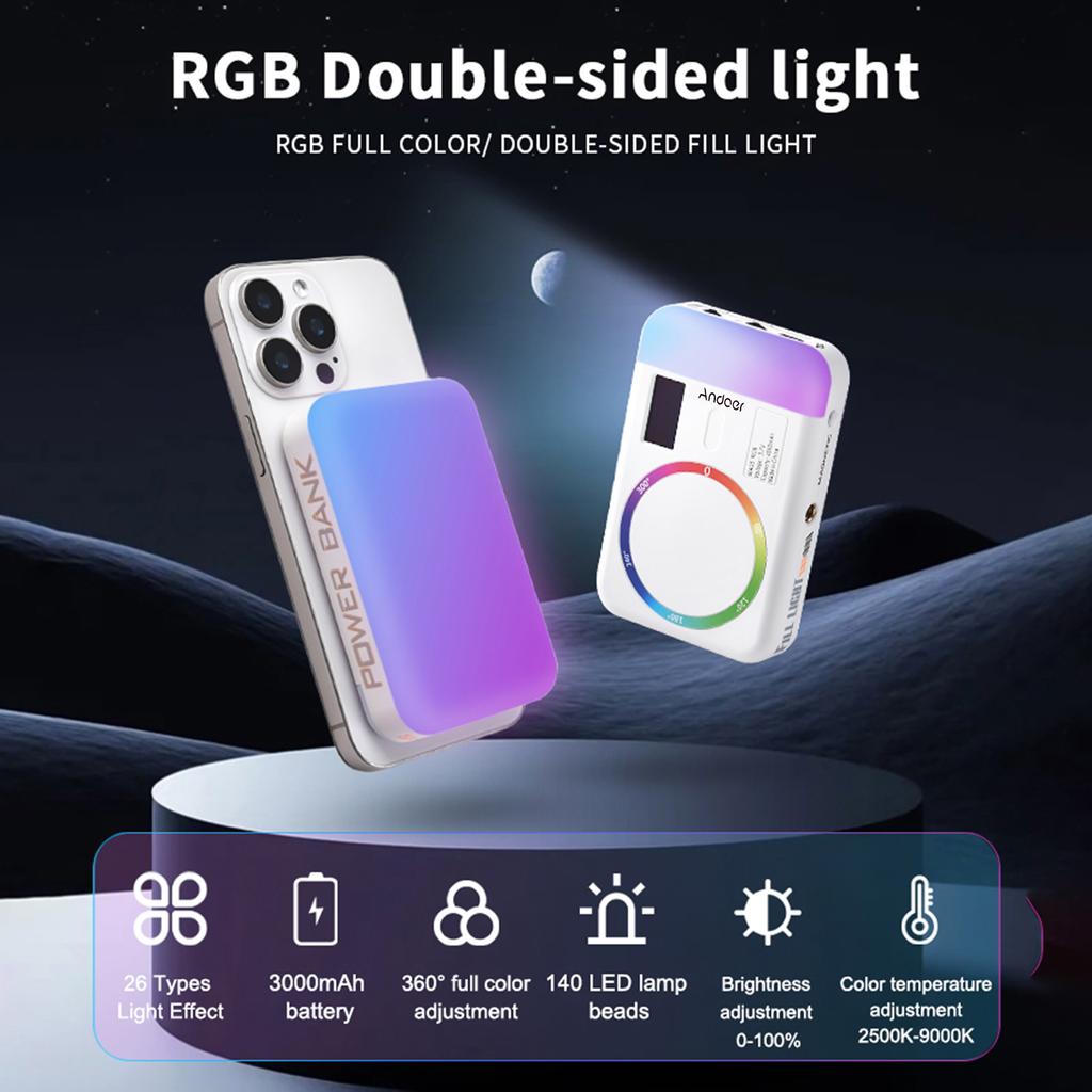 Andoer CC5 RGB Видеосвет Двусторонний Свет для Фотосъемки 2500K-9000K Регулируемый Заполняющий Свет для Камеры Телефона