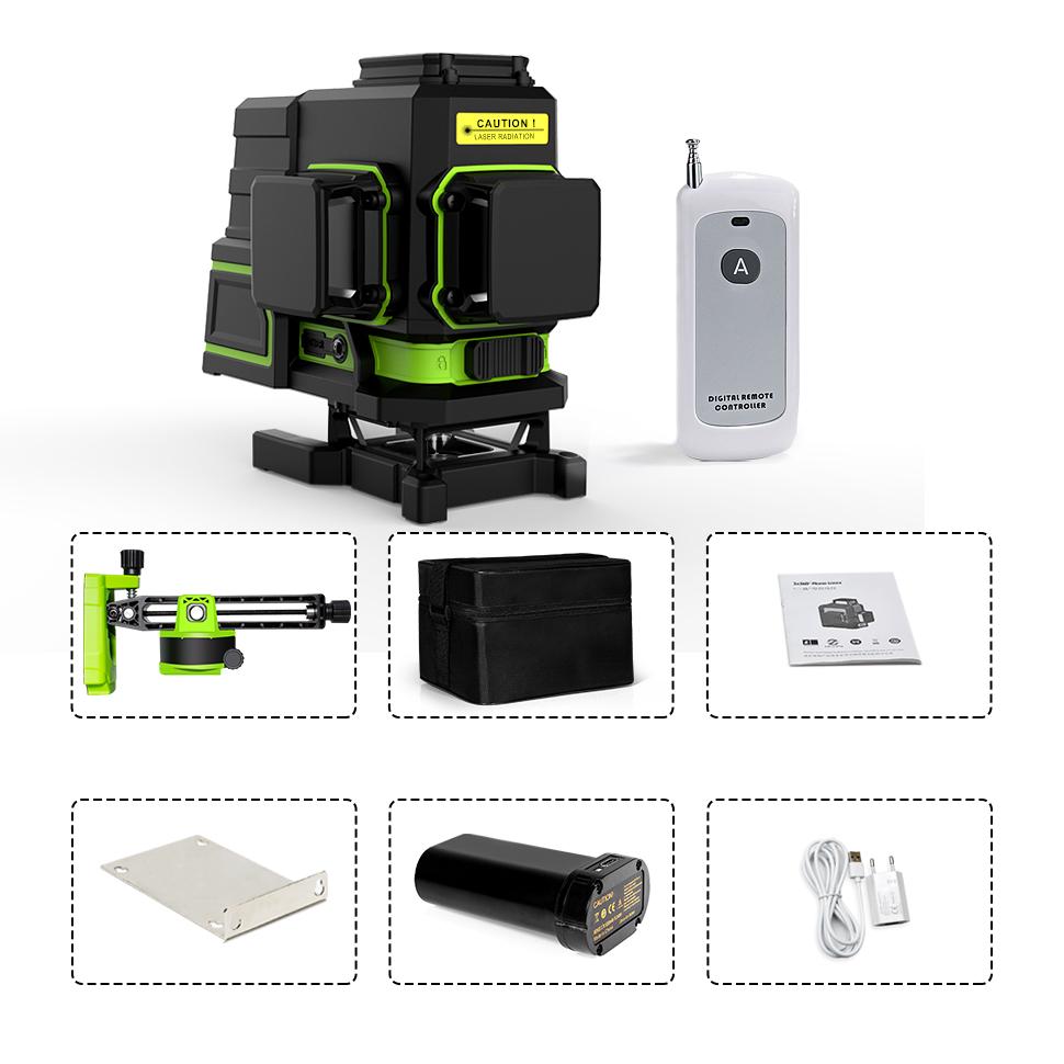 3D 12 Lines Multi-functiona Professional Green Laser Level with Remote Control and Rechargeable Battery
